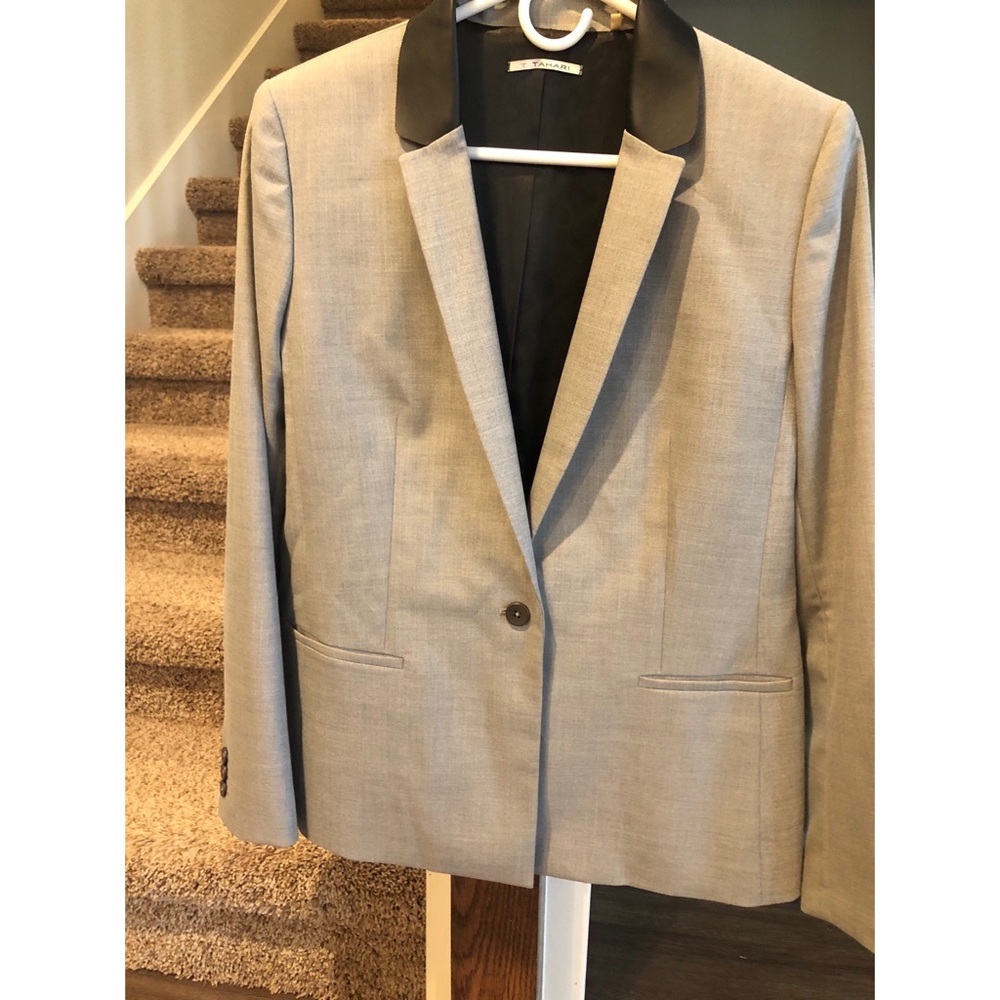 Tahari grey and black leather trim jacket blazer
